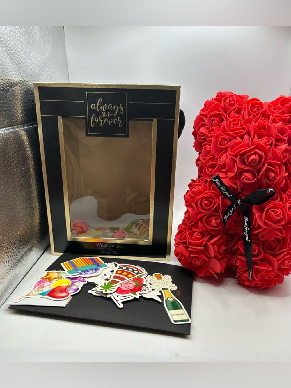 Red Rose Bear with Black Ribbon - Decorative Floral Teddy